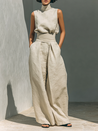 Maria - Women's Minimalist Cotton and Linen Tank Top & Wide-Leg Pants Set